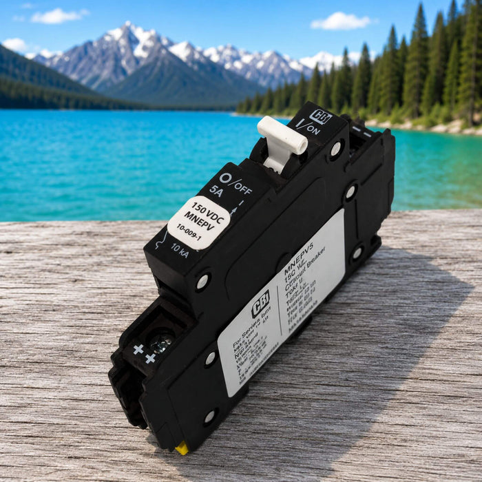 MidNite Solar MNEPV5 5A DIN rail mount DC breaker providing compact and reliable protection for low-current solar, battery, and renewable energy applications.
