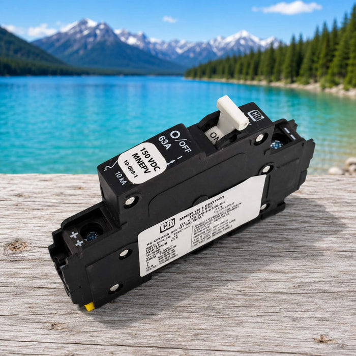 MidNite Solar MNEPV63 63A DIN rail mount DC breaker designed for solar power systems, providing reliable overcurrent protection for photovoltaic, RV, marine, and off-grid electrical installations.