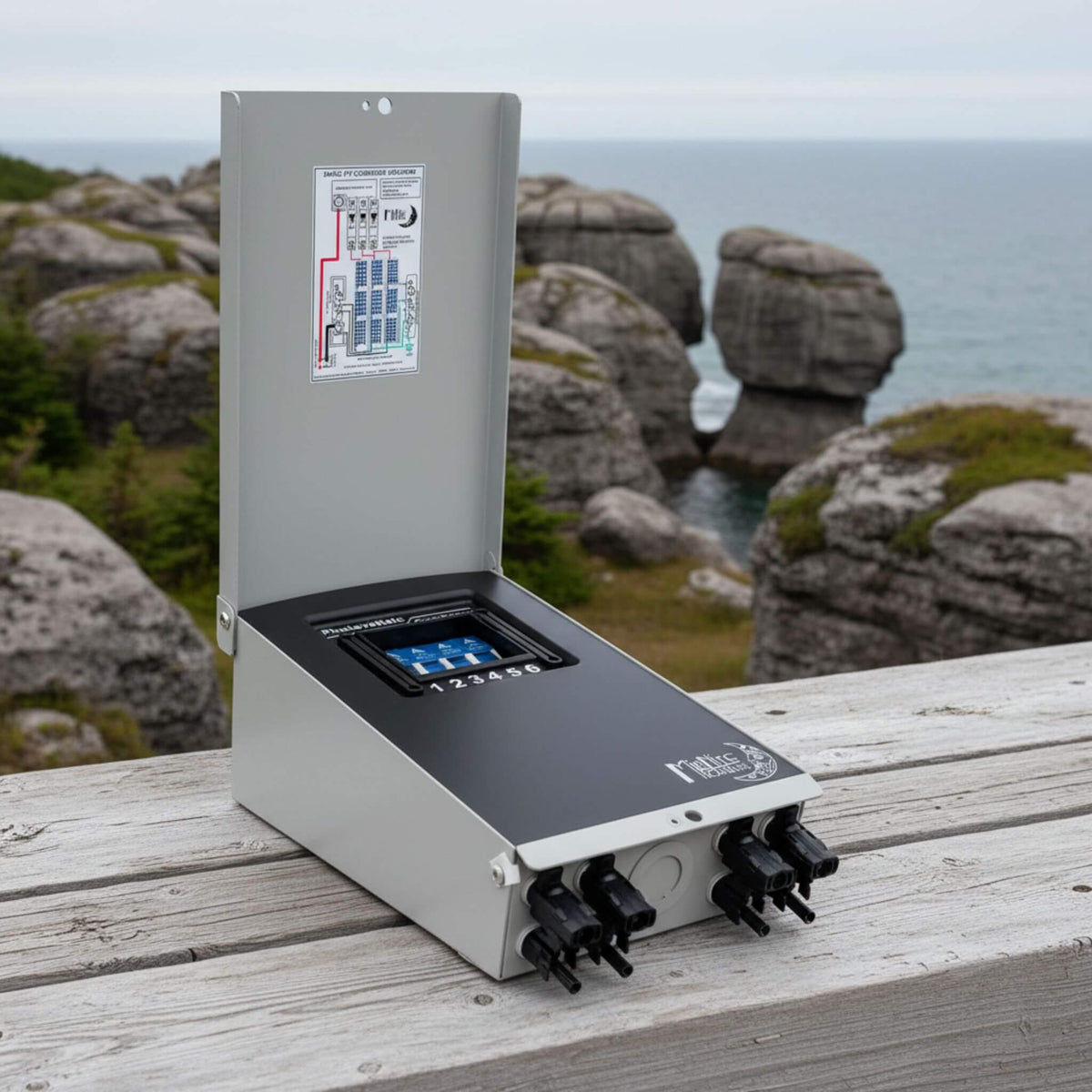 MidNite Solar MNPV4-MC4 pre-wired combiner box for solar power systems, supporting multiple photovoltaic strings with integrated MC4 connections for off-grid, RV, marine, and backup energy installations.