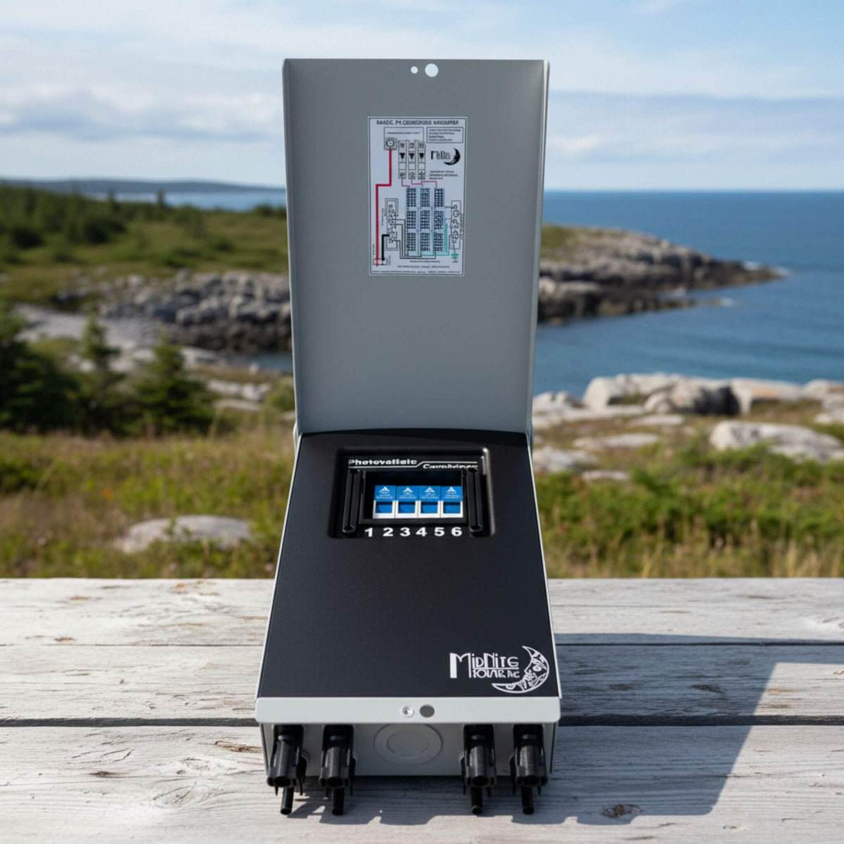 MidNite Solar MNPV4-MC4 power combiner box for solar energy systems, providing dependable photovoltaic circuit management for mobile, marine, and off-grid electrical installations.