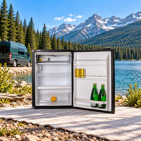 Nova Kool R3800 DC 12V refrigerator with freezer compartment and open door, designed for campervan conversions, RV refrigeration and off-grid mobile living.