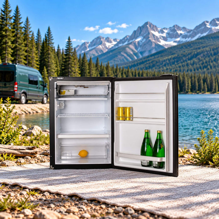 Nova Kool R3800, réfrigérateur 12 V CC avec congélateur, porte ouverte, conçu pour les vans aménagées, la réfrigération de VR et la vie nomade hors réseau.