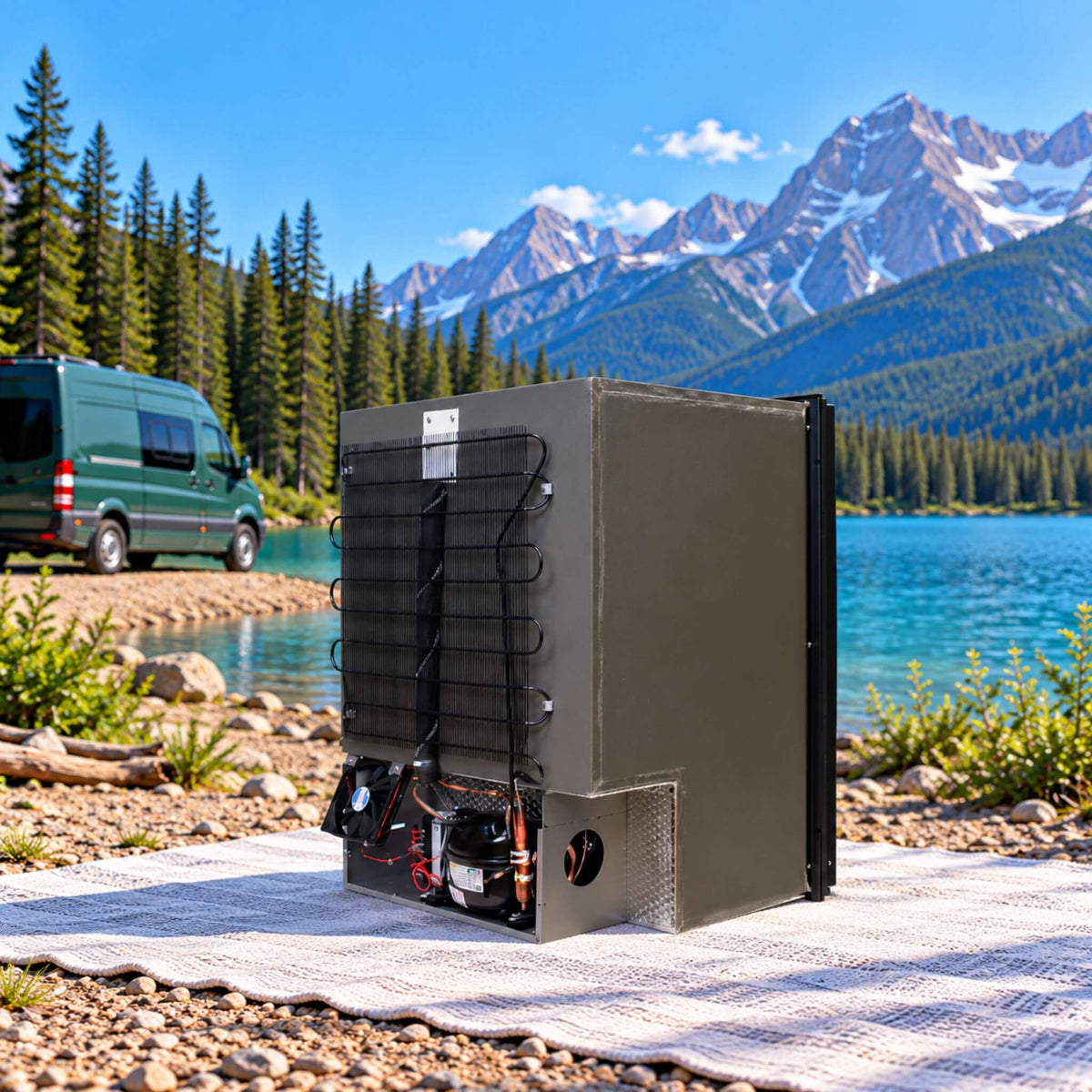 Nova Kool R4500 12V refrigerator with freezer for off-grid campervan living and mobile refrigeration.