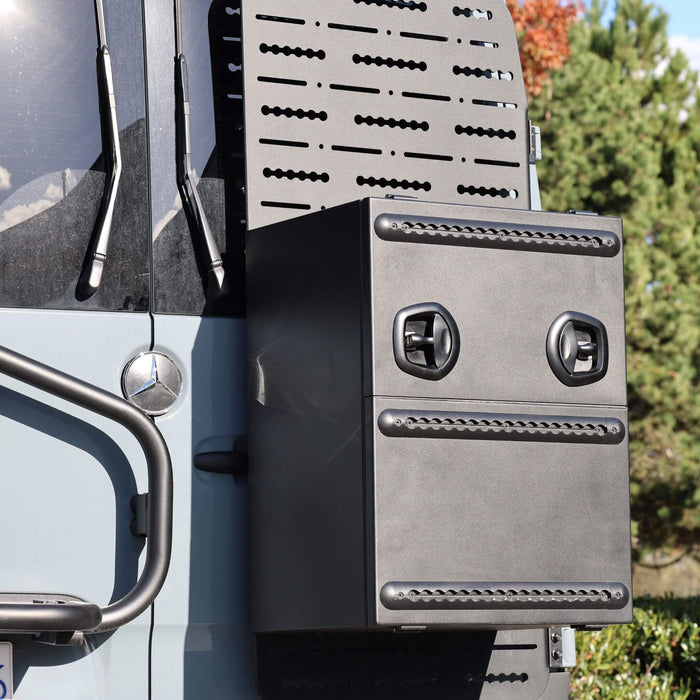 Small aluminum split door storage box for Sprinter vans, durable weatherproof protection and easy access