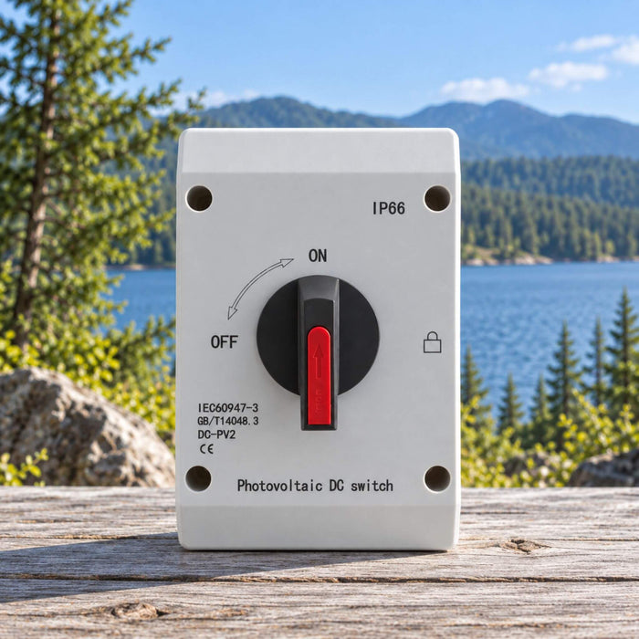 Photovoltaic DC disconnect switch with IP66 enclosure for solar PV power systems