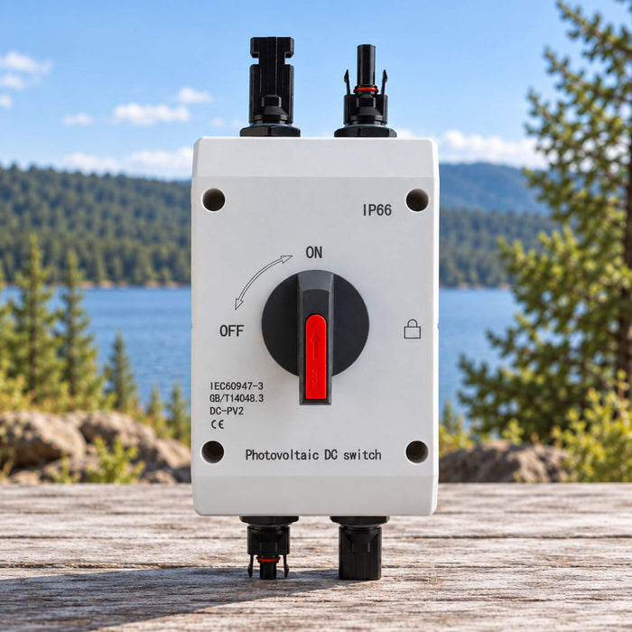 Photovoltaic DC disconnect switch with MC4 compatible connectors for solar panel protection