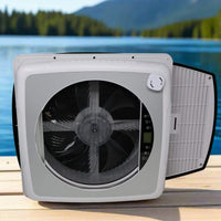 Top view of a bus conversion roof fan, dimensions 593×420×182mm open / Vue du dessus d’un ventilateur de toit bus conversion, dimensions 593×420×182 mm ouvert.