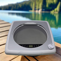 Pleated sunshade and removable mesh screen on van roof fan for insect protection / Store plissé et moustiquaire amovible sur ventilateur de toit van pour protection contre les insectes.