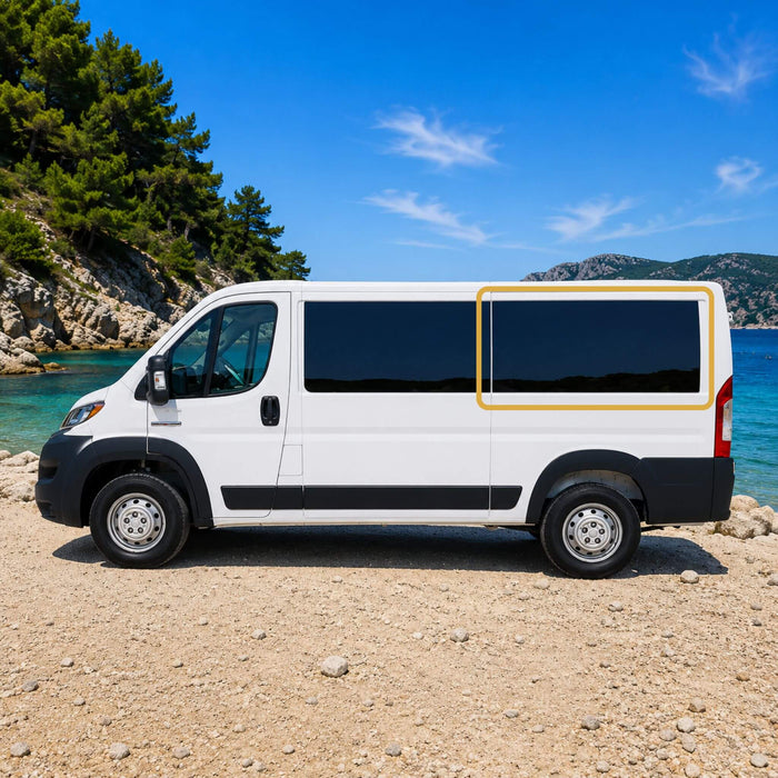 OEM-style fixed rear window installed on a Ram ProMaster van featuring Pure Grey solar privacy glass and factory-inspired integration.