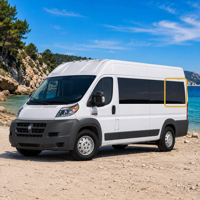 OEM-style fixed rear window installed on a Ram ProMaster van featuring Pure Grey solar privacy glass and factory-inspired integration.