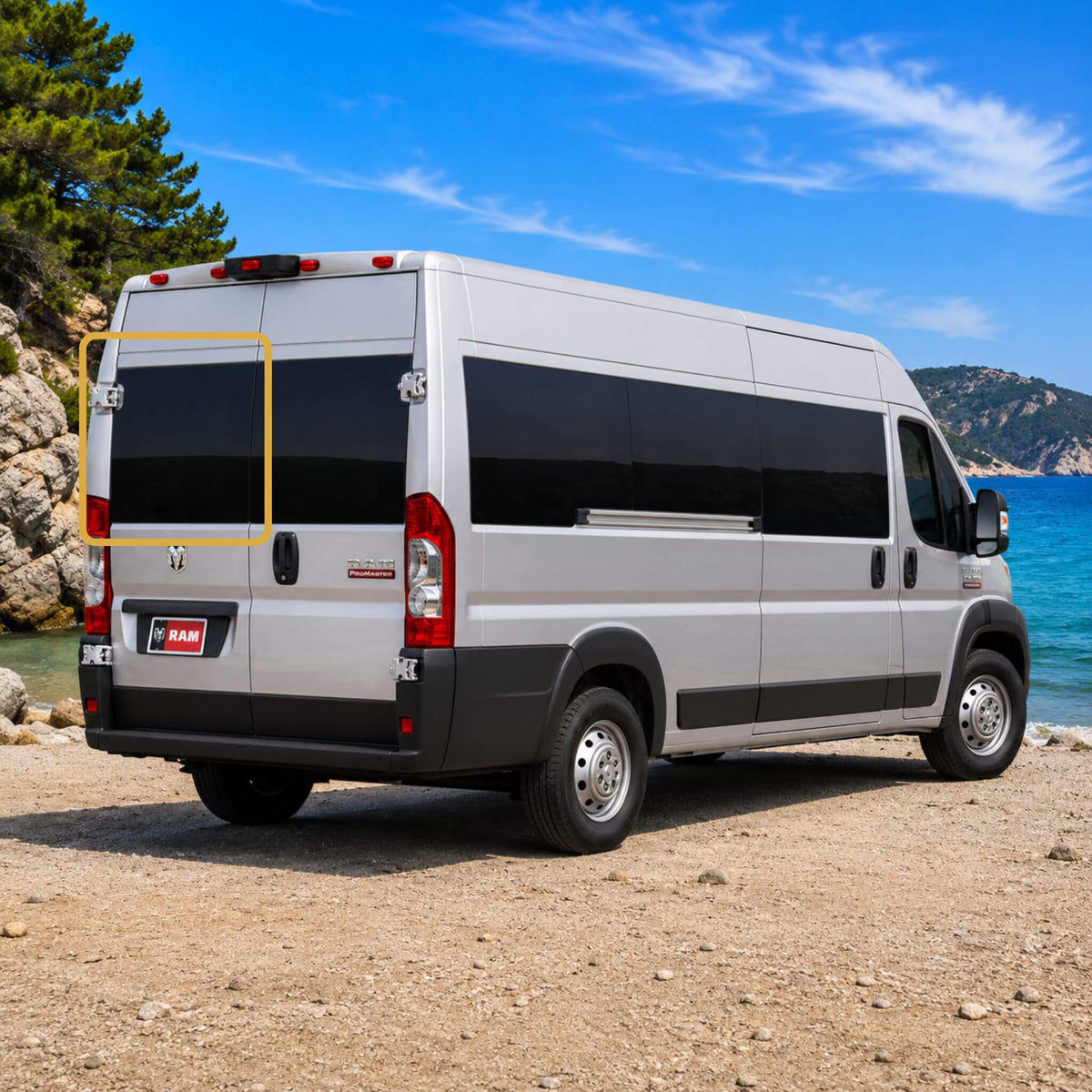 OEM-style fixed rear door window installed on the driver side rear door of a Ram ProMaster van featuring Pure Grey solar privacy glass.