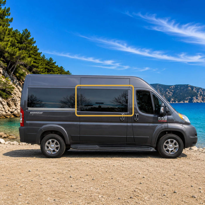 OEM-style fixed sliding door window for Ram ProMaster vans featuring Pure Grey solar privacy glass and factory-inspired integration.