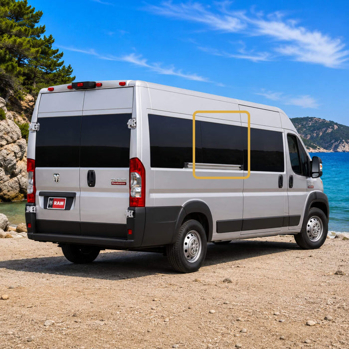 OEM-style fixed middle window installed on a Ram ProMaster van featuring Pure Grey solar privacy glass and factory-inspired integration.