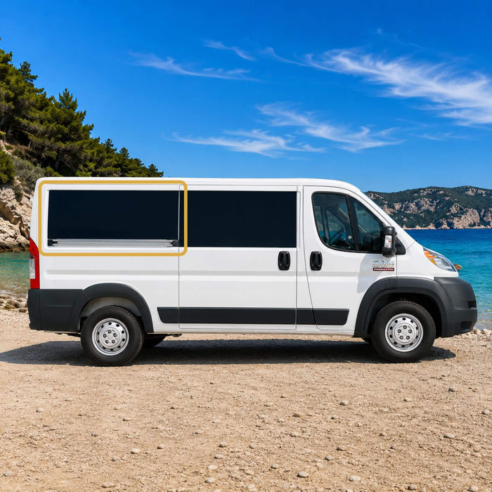 OEM-style fixed rear window installed on a Ram ProMaster van featuring Pure Grey solar privacy glass and factory-inspired integration.