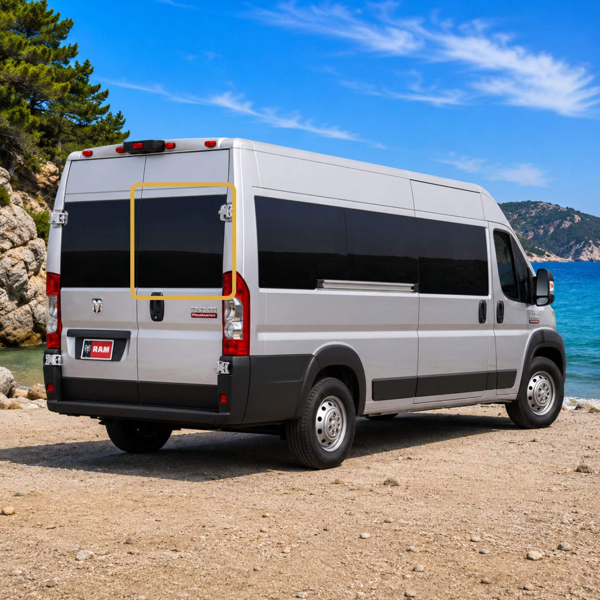 OEM-style fixed rear door window installed on the passenger side rear door of a Ram ProMaster van featuring Pure Grey solar privacy glass.