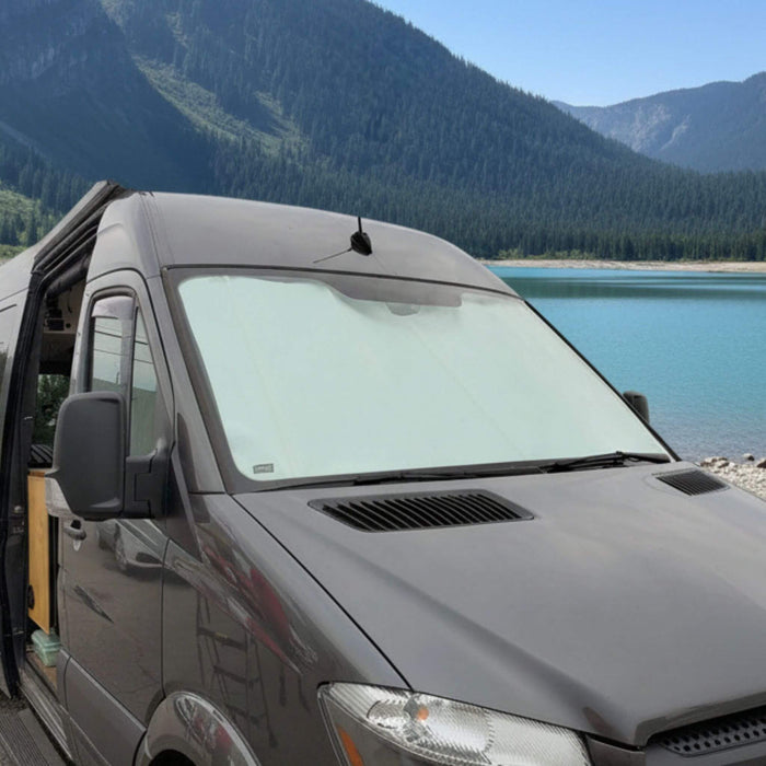 Rolef three-piece curtain kit for camper vans including windshield and two side window curtains.