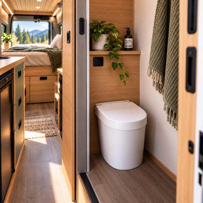 Separett Tiny waterless composting toilet installed in a modern campervan bathroom with natural wood cabinetry.