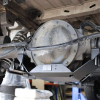 Powder-coated rear differential skid plate mounted under a Sprinter 2500 van, designed to protect against rocks and road debris.