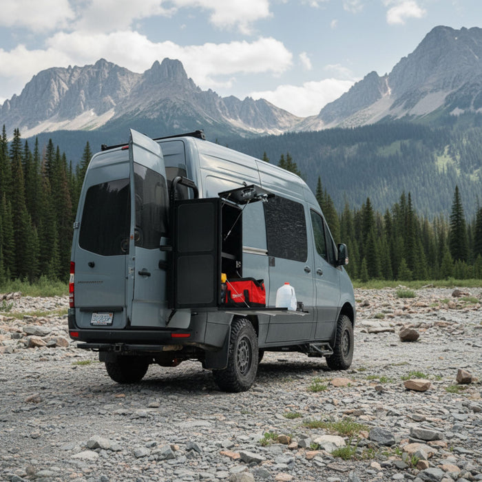 No-drill aluminum gear rack mounted on the Sprinter rear passenger door, designed for modular cargo storage using factory hinge mounting points.
