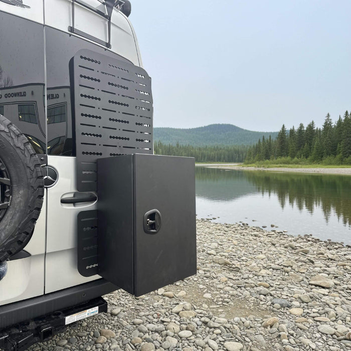 3mm aluminum camper van storage box featuring integrated L-Track system inside the door.