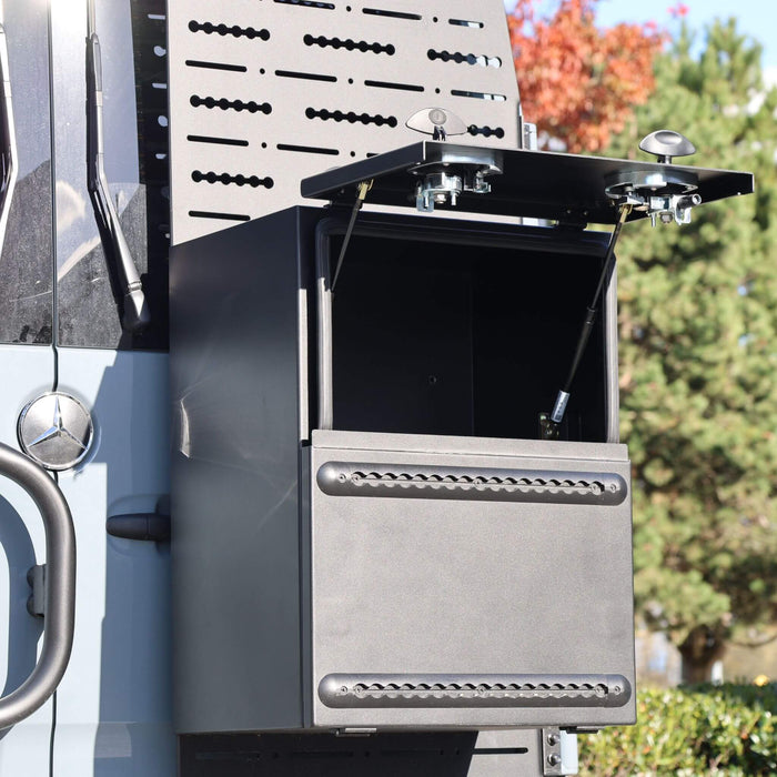 Large aluminum split door storage box for Sprinter vans, robust and secure for gear and accessories
