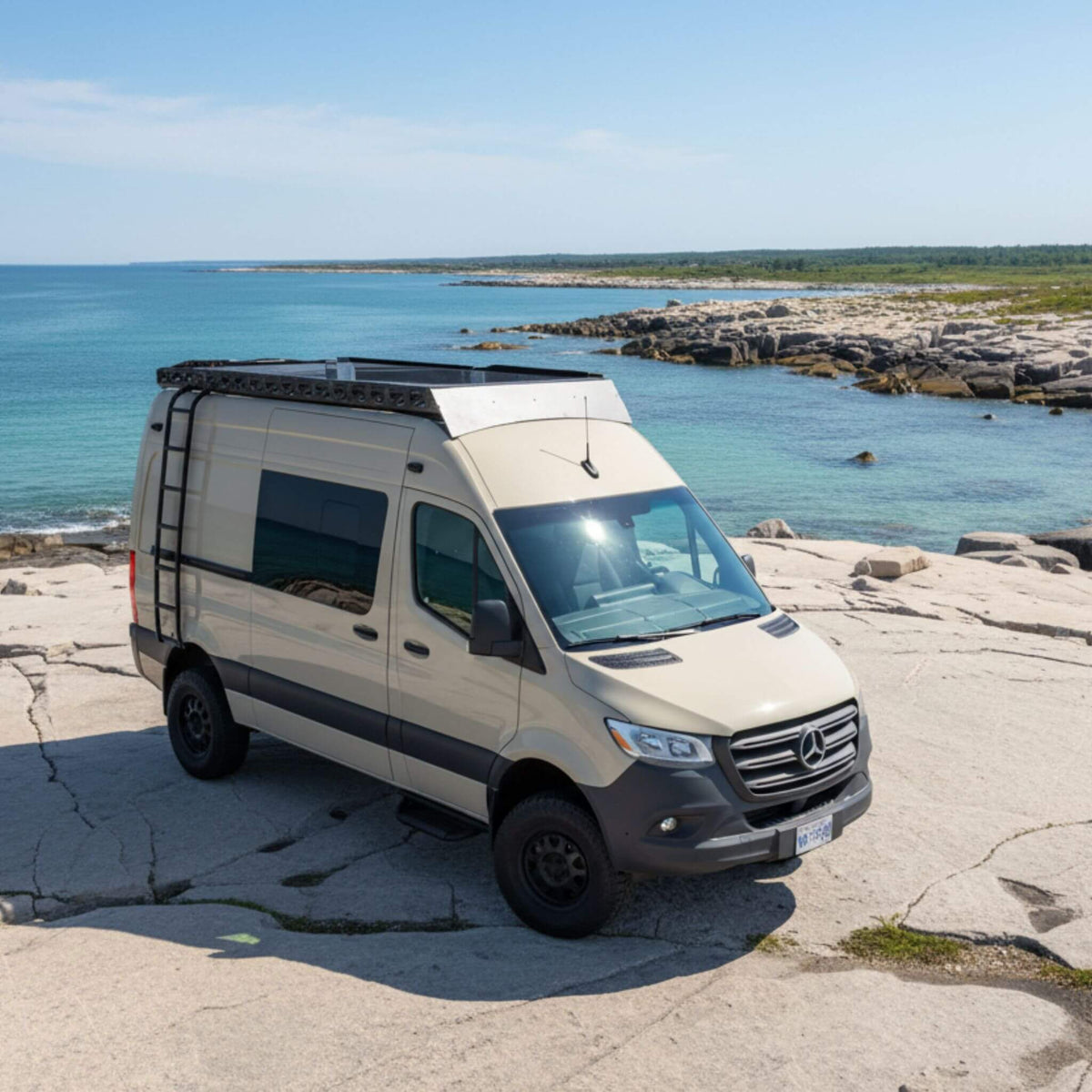 Sprinter carbon fiber rooftop tent system with integrated roof rack set up for long summer road trips