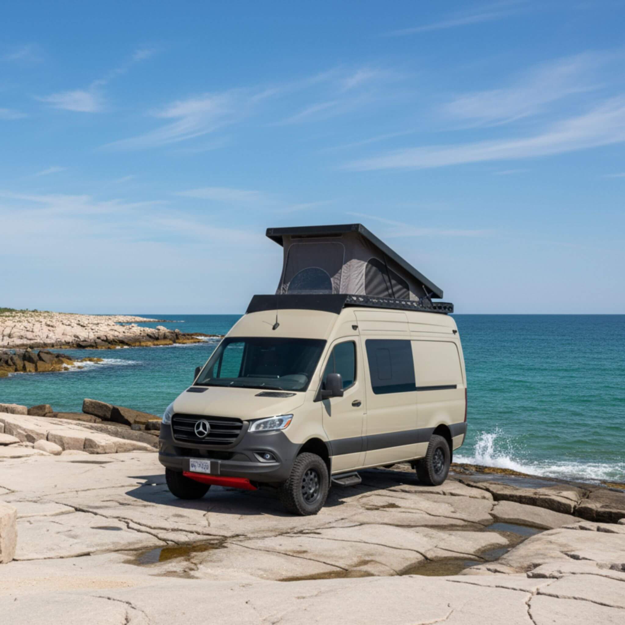 Carbon fiber rooftop tent on a Sprinter van ready for quiet nights by the water