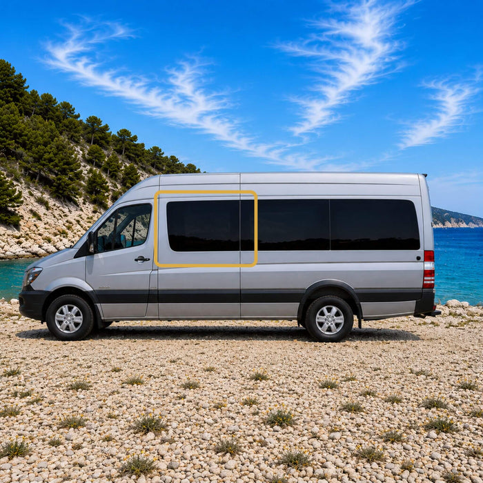 OEM-style fixed side window installed on a Mercedes Sprinter van featuring Pure Grey solar privacy glass and factory-inspired integration.