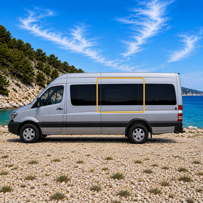 OEM-style fixed side window installed on a Mercedes Sprinter van featuring Pure Grey solar privacy glass and factory-inspired integration.