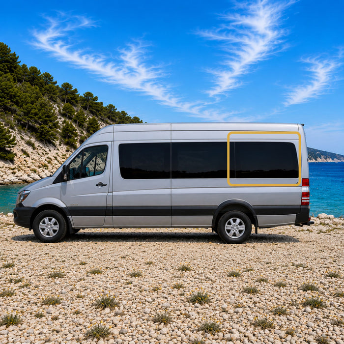 OEM-style fixed rear quarter window installed on a Mercedes Sprinter van featuring Pure Grey solar privacy glass and factory-inspired integration.