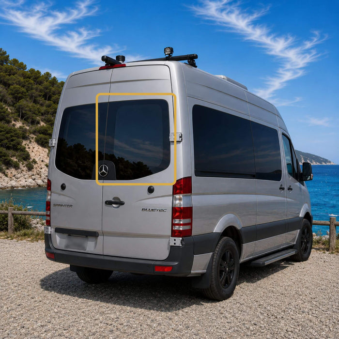 OEM-style fixed rear door window installed on a Mercedes Sprinter van featuring Pure Grey solar privacy glass and factory-inspired integration.