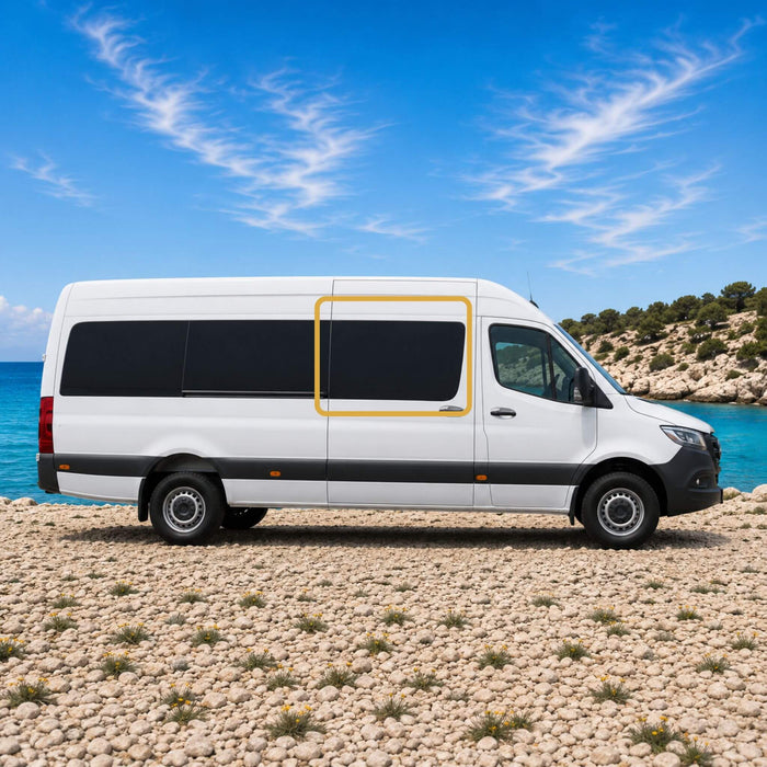 OEM-style fixed window installed on a Mercedes Sprinter passenger sliding door for all wheels 140 to 170 ext featuring Pure Grey solar privacy glass and factory-inspired integration.