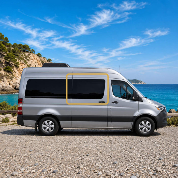 OEM-style fixed window installed on a Mercedes Sprinter passenger sliding door featuring Pure Grey solar privacy glass and factory-inspired integration.