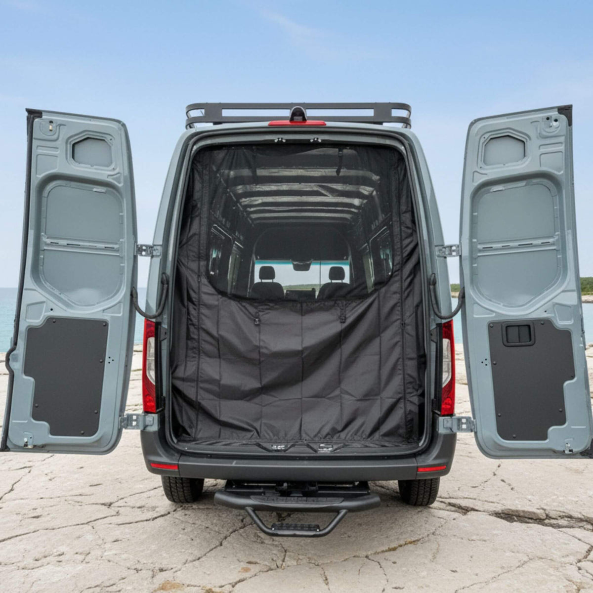 Mercedes Sprinter rear door bug screen installed on camper van conversion