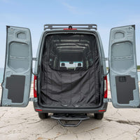 Mercedes Sprinter rear door bug screen installed on camper van conversion