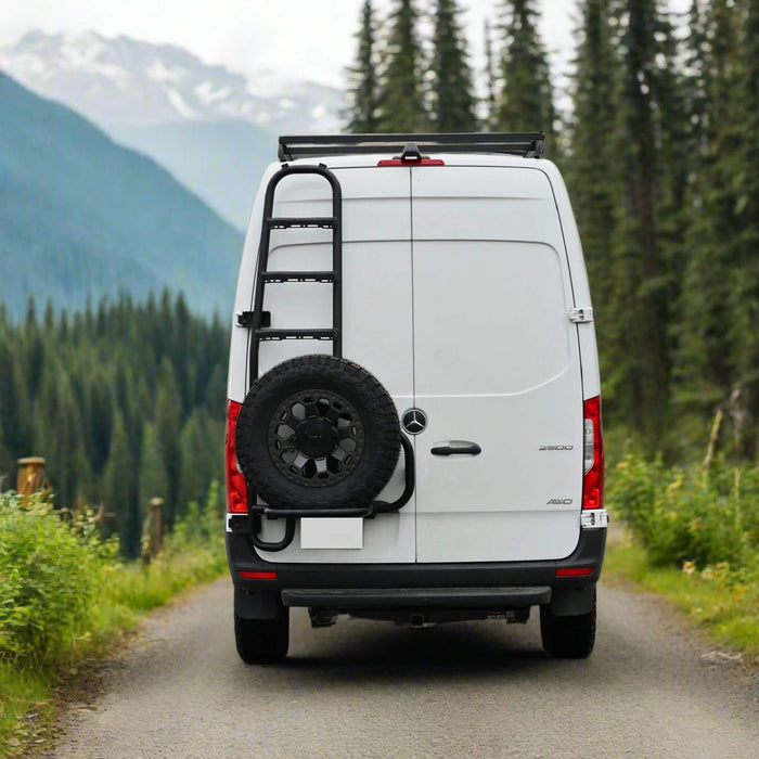 Two-in-one tire and ladder carrier for 2019+ Sprinter vans, secure roof access and spare tire storage.