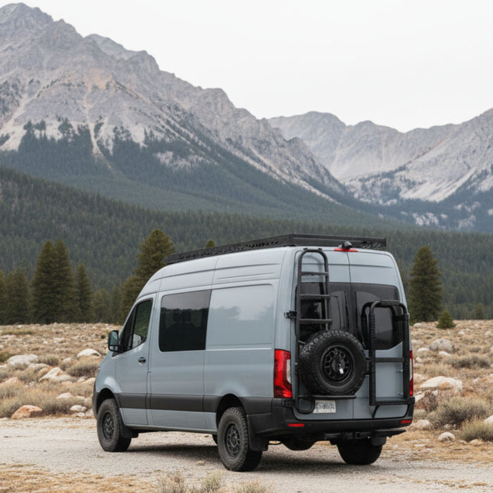 Lightweight aluminum rear door gear rack for Sprinter vans, providing high-strength support for cargo boxes and accessories without drilling.