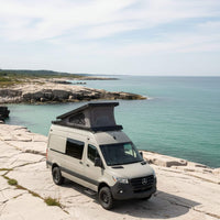 Sprinter rooftop tent system with interior access designed for simple, comfortable travel