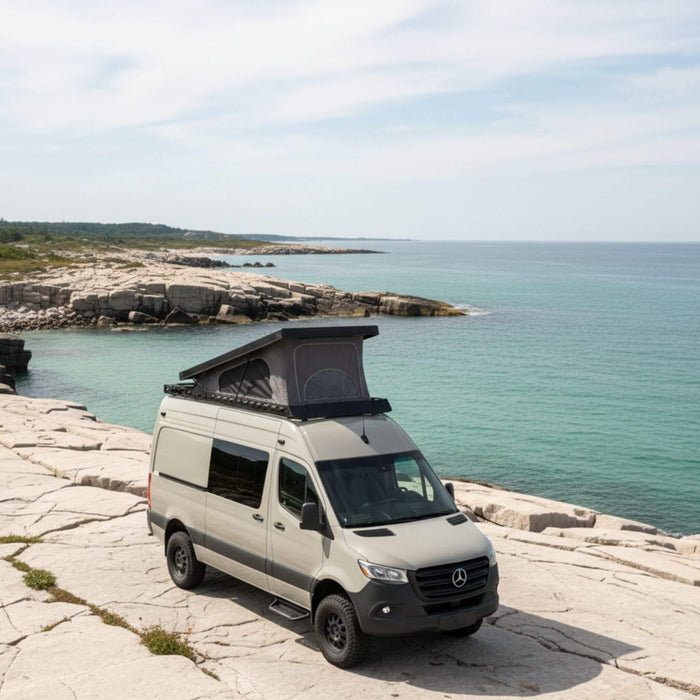 Sprinter rooftop tent system with interior access designed for simple, comfortable travel