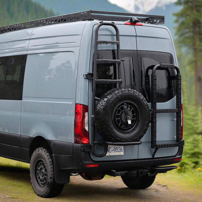 Roof-mounted tire and ladder carrier for Sprinter vans, lightweight aluminum and stainless steel construction.