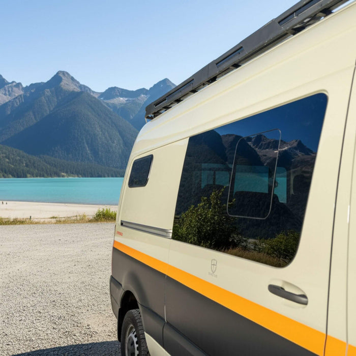 Flush mount Sprinter van window with integrated bug screen, perfect for airflow in camper van builds