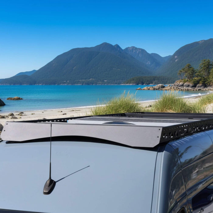 Roof rack installed on Sprinter van conversion designed for vanlife and overland travel