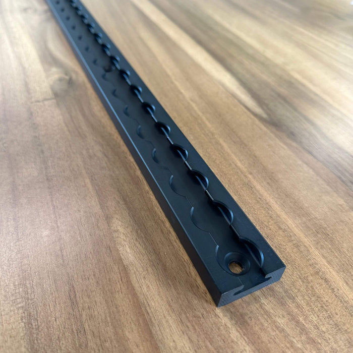 84 inch Square Surface Mount L Track, modular van build accessory, safe trimmed edges, strong anchor point for cabinets, tie-downs, and modular systems, Van interior organization, Rail L carré de surface 84 pouces, accessoire modulable pour van, bords arrondis sécuritaires, point de fixation solide pour armoires, sangles et systèmes modulaires, organisation intérieure du van.