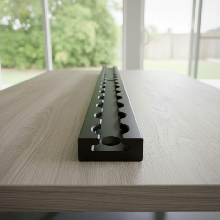 Square L Track for Sprinter, Transit, and ProMaster vans compatible with standard L Track fittings, offering strong attachment points for cabinets, tie downs, and modular systems, minimizing cutting and waste while keeping installation simple for any van build