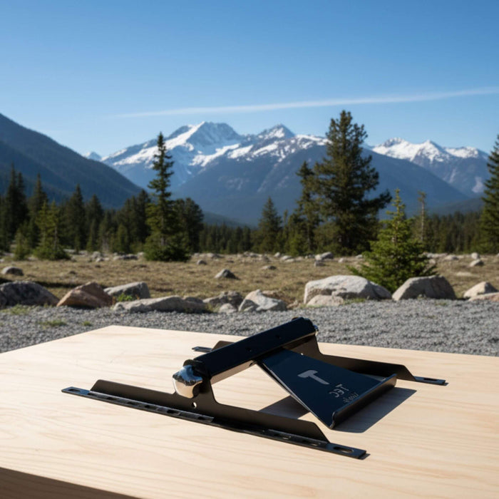 Starlink Mini roof mount in stainless steel, providing secure attachment and adjustable positioning for reliable signal reception.