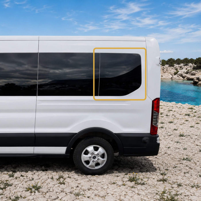 OEM-inspired fixed rear window for Ford Transit camper van conversions with 148" wheelbase, designed for 2015+ medium and high roof models driver side.