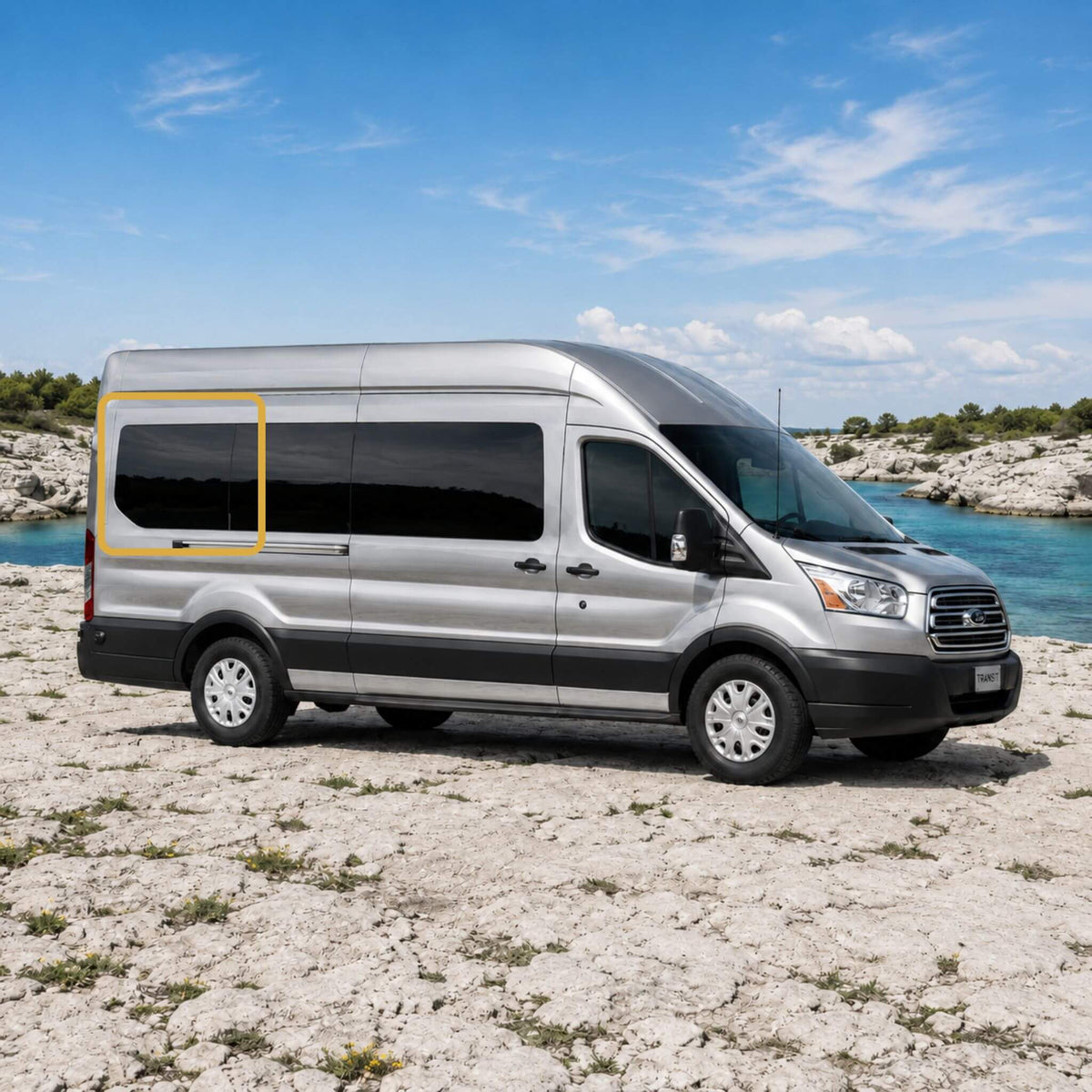 Factory-style rear fixed window for Ford Transit van conversion projects 148" EXT medium/high roof 2015+ passenger side