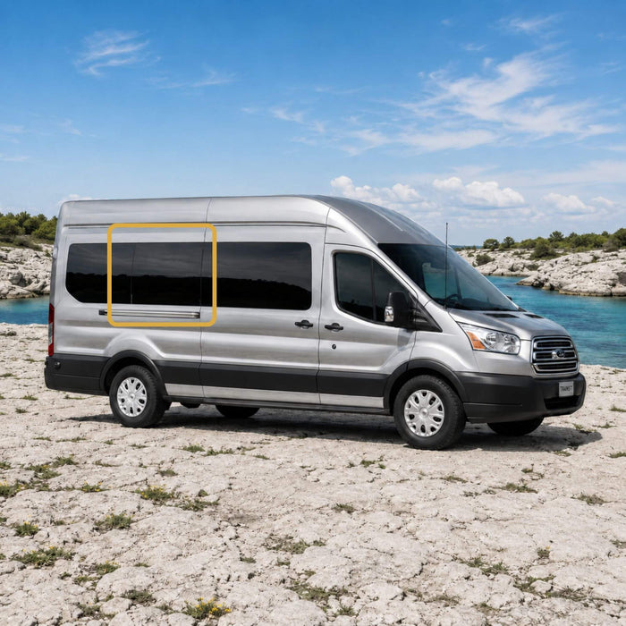 Tempered privacy glass fixed window for Ford Transit camper conversions 148" and EXT medium/high roof 2015+ passenger middle