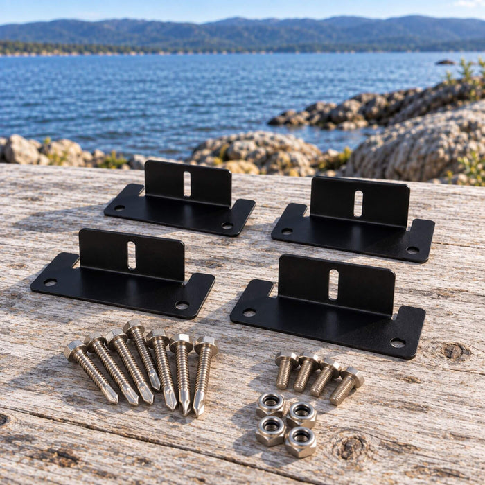 Universal black Z bracket roof mounting system for solar panel installation on van conversions