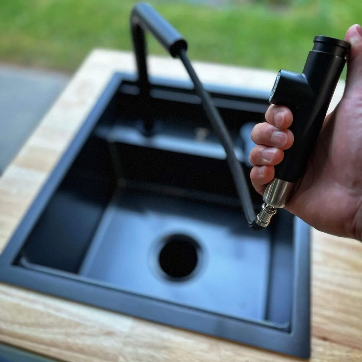 Van conversion sink system with wood cover for vanlife plumbing